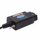 Black auto diagnostic interface with USB plug and metal connector on cable end