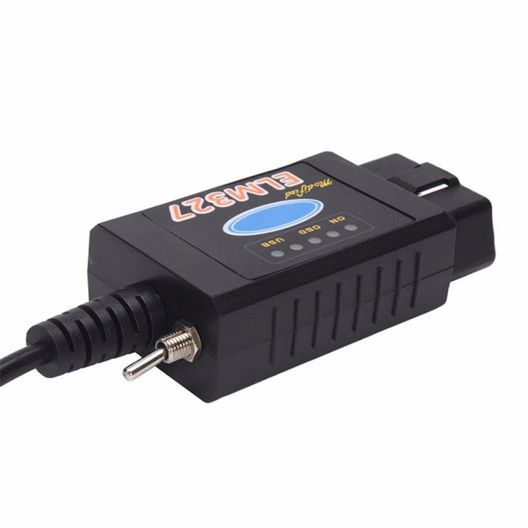 Black auto diagnostic interface with USB plug and metal connector on cable end