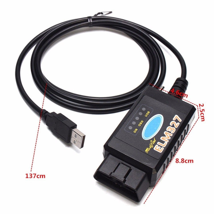 OBD-II diagnostic scanner with 137 cm cable length, compact black housing and USB plug
