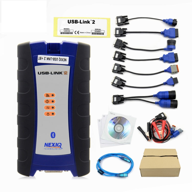 USB-Link 2 truck scanner kit with diagnostic unit, cable set, CD, and wiring harness