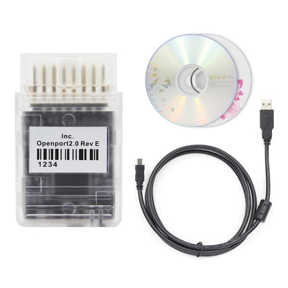 OBD2 ECU flash scanner kit with Openport module, USB cable, and setup disc