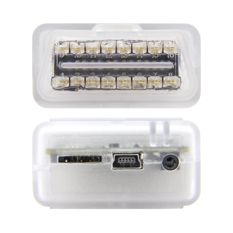 OBD2 scanner module showing electronic ports and dual connectors in clear case