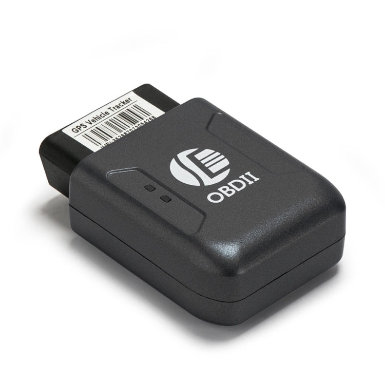 Black OBDII GPS vehicle tracker module with indicator lights and brand logo