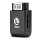 Black OBDII GPS vehicle tracker front view with side ports and label