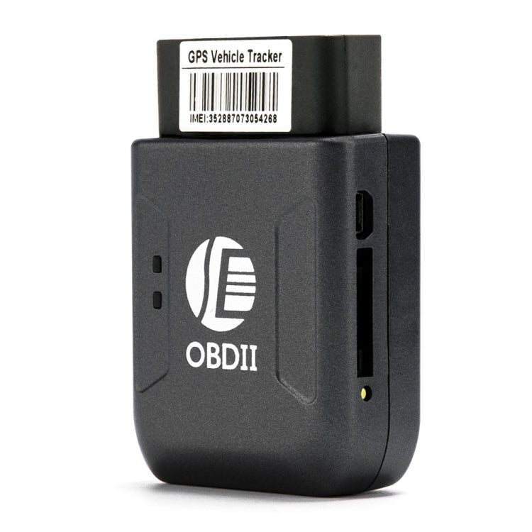 Black OBDII GPS vehicle tracker front view with side ports and label