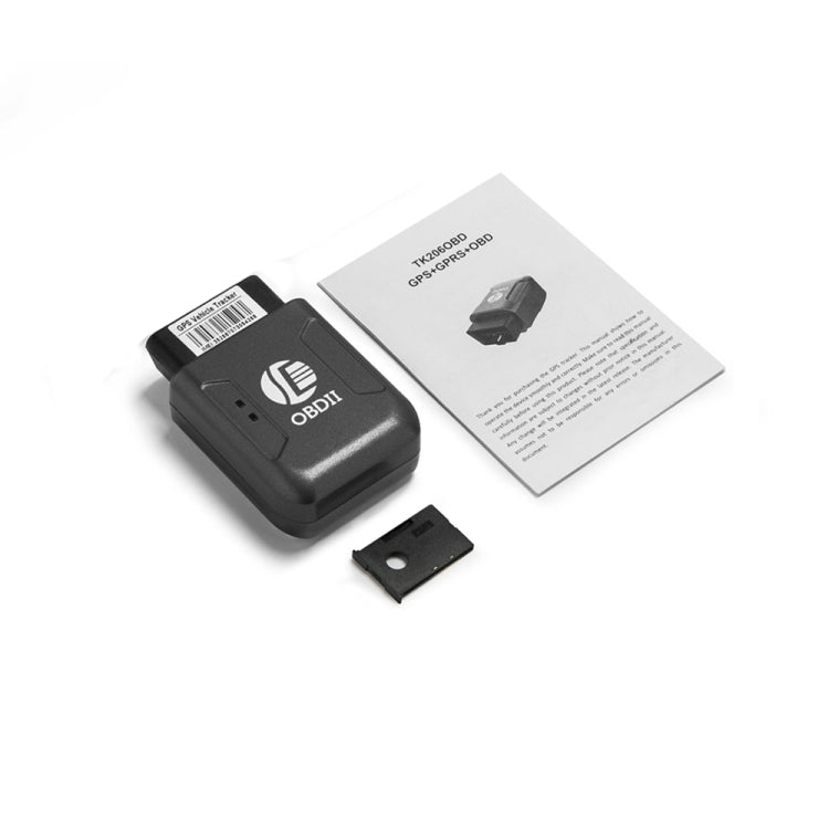 Black OBDII GPS vehicle tracker, instruction sheet, and mounting parts