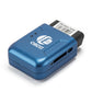 Blue OBDII GPS vehicle tracker module with label and OBDII connector