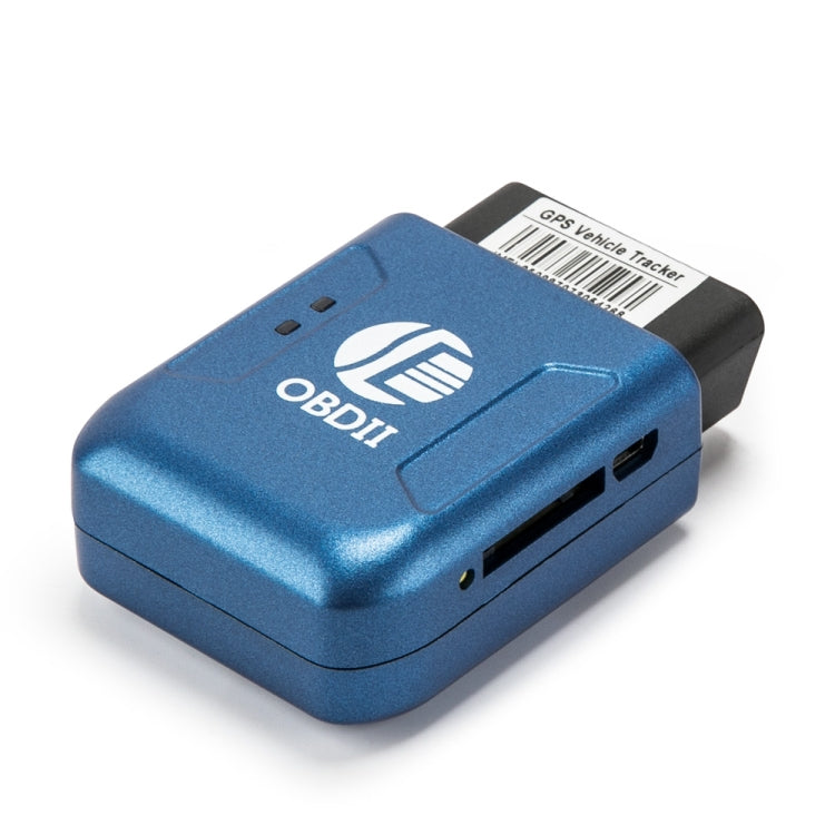 Blue OBDII GPS vehicle tracker module with label and OBDII connector