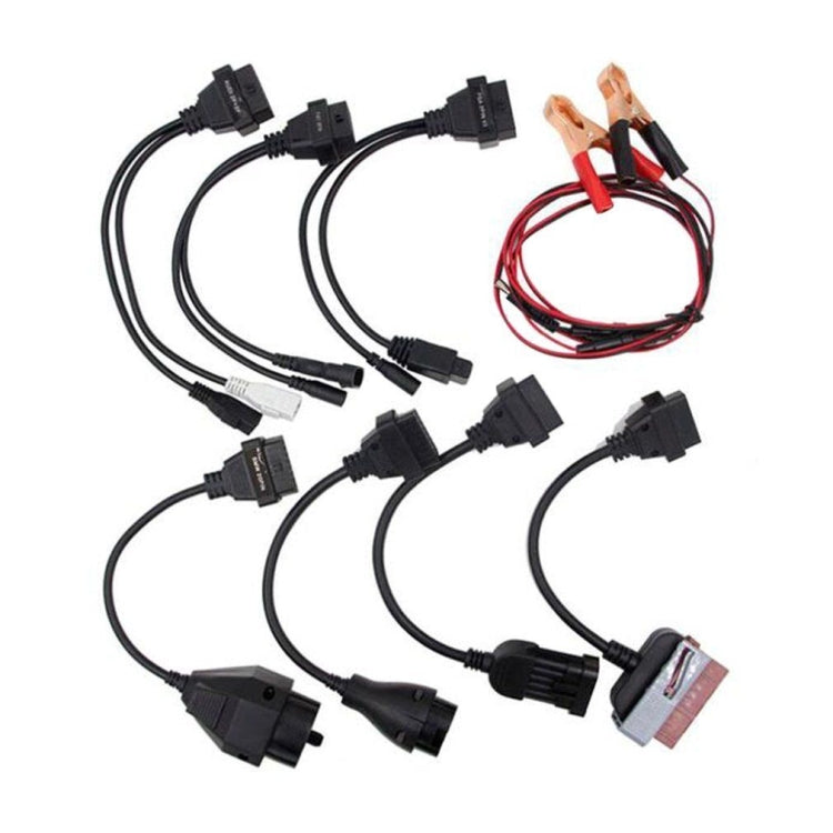 8-in-1 OBD2 diagnostic cable set with OBD connectors and battery clamps, black and red