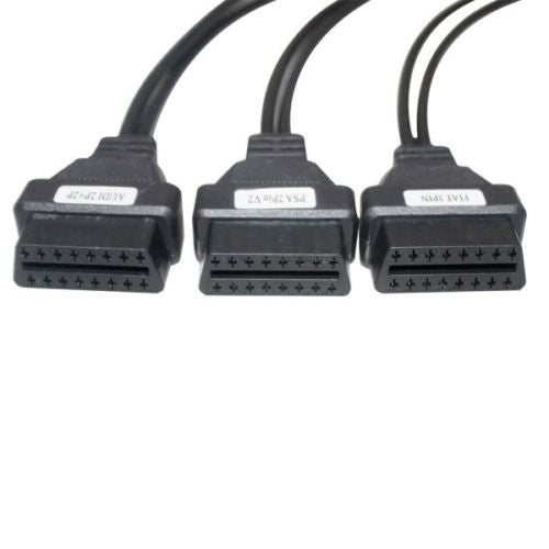 Three OBD2 port adapters with stacked pin rows, black