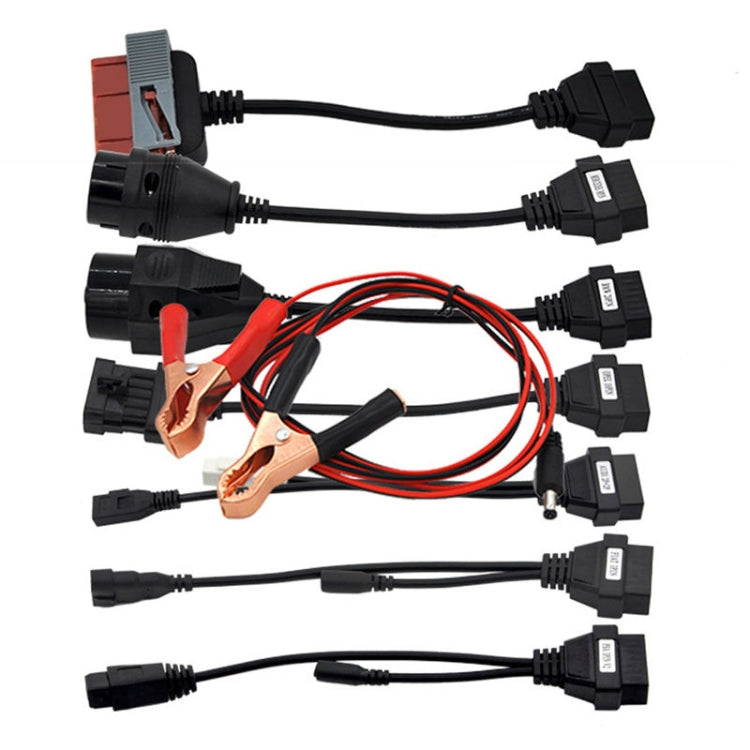 8-in-1 OBD2 diagnostic cable set with various adapters and red/black battery clamps