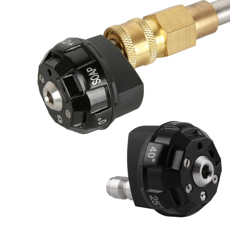 Black multi-mode pressure washer nozzle with brass fitting and multi-hole head
