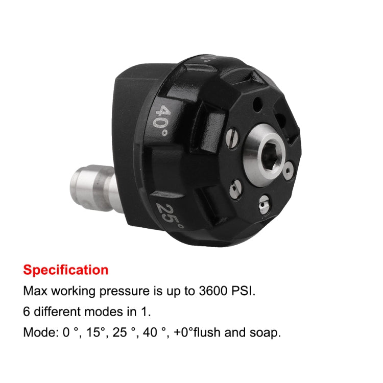 Black multi-hole pressure washer nozzle with mode markings and metal inlet
