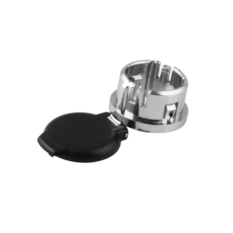 Chrome lighter plug retainer with open black cap and exposed contacts