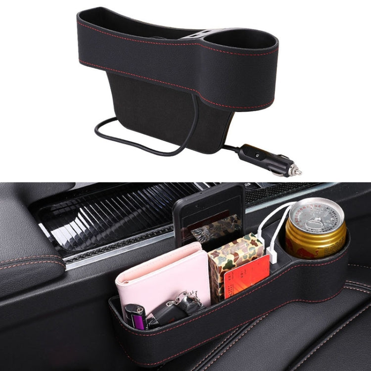 Black PU leather co-pilot seat gap organizer with two cup holders and wired charging port