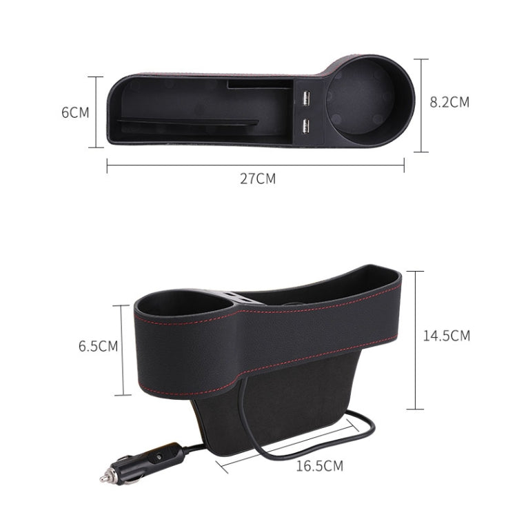 Black car seat gap organizer console with dual cup holders and side power plug, size shown