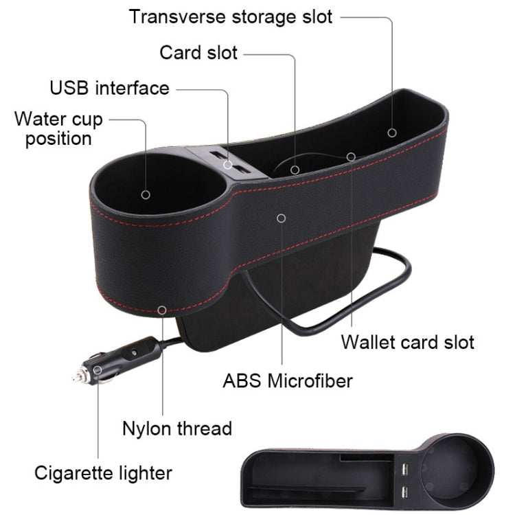 Black PU leather seat organizer with dual cup wells, card slots, USB interface, red stitching