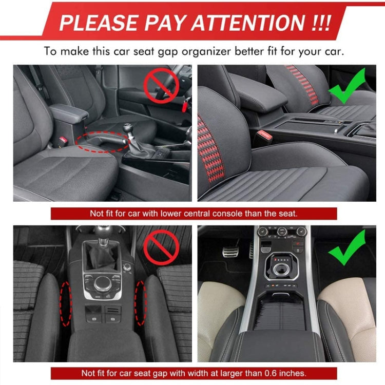 Black PU leather car seat gap organizer with red stitching and built-in storage compartments