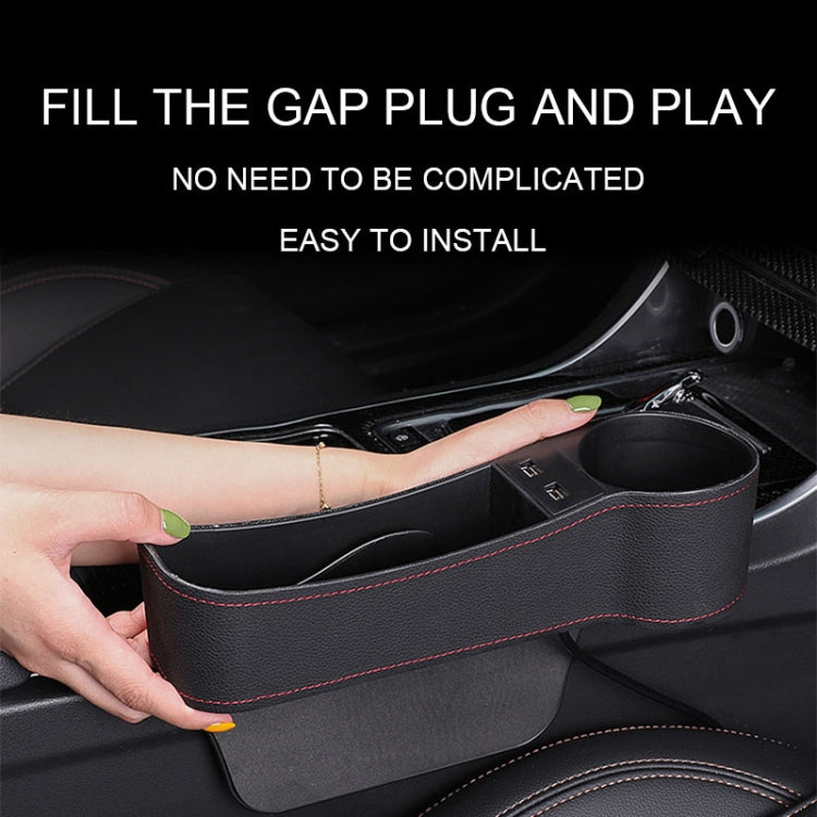 Black PU leather seat gap organizer with cup holder and side power plug, installation shown