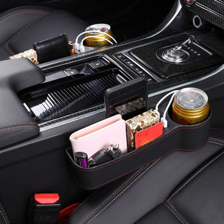 Black PU leather co-pilot seat console organizer with cup holders and multiple storage slots