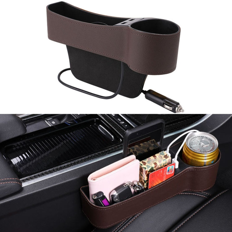 Brown PU leather co-pilot seat console organizer with dual cup holders and charging port plug