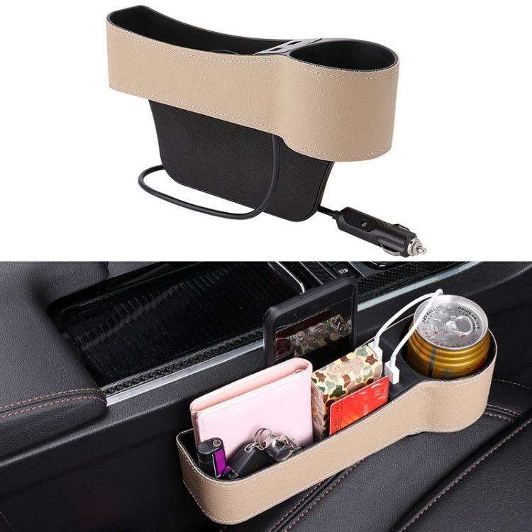 Car co-pilot seat console organizer in beige PU leather with cup holder, storage, and power plug