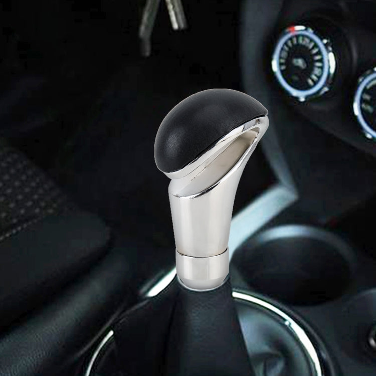 Leather and metal gear shift knob with black top and chrome body