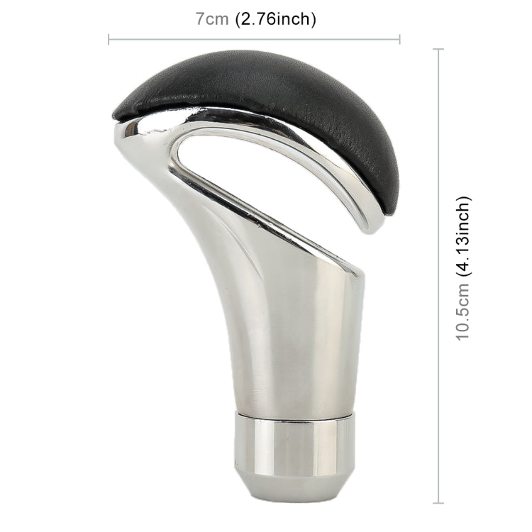 Black leather gear shift knob with chrome metal housing and curved top