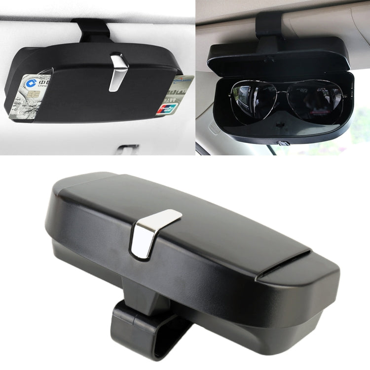 Black car sunglasses case with card slot, open and showing eyeglasses inside