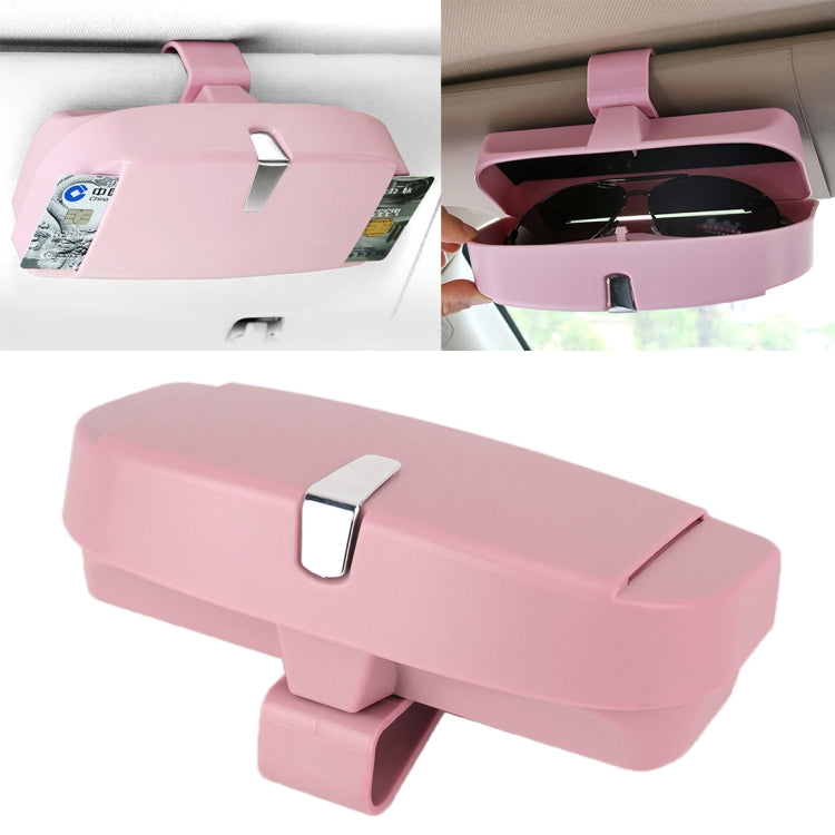 Pink car sunglasses case with card slot, open and closed for eyeglasses storage