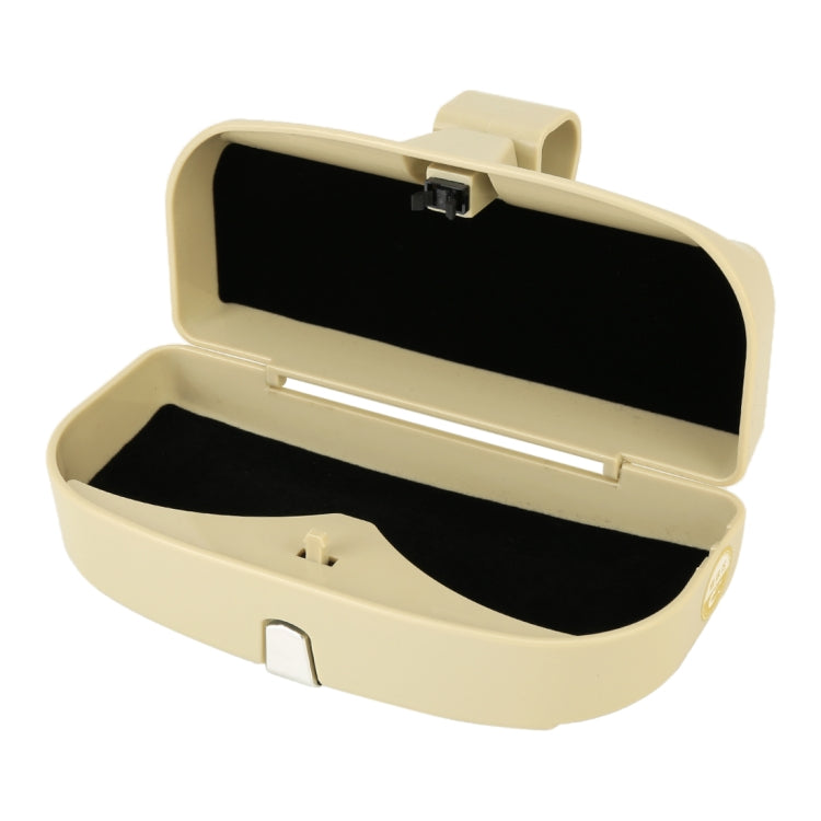 Beige sunglasses case open with cushioned interior and card slot