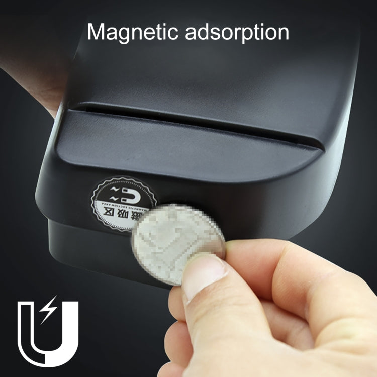 Dark sunglasses case with magnetic hold tab, hand pressing a coin-sized disc