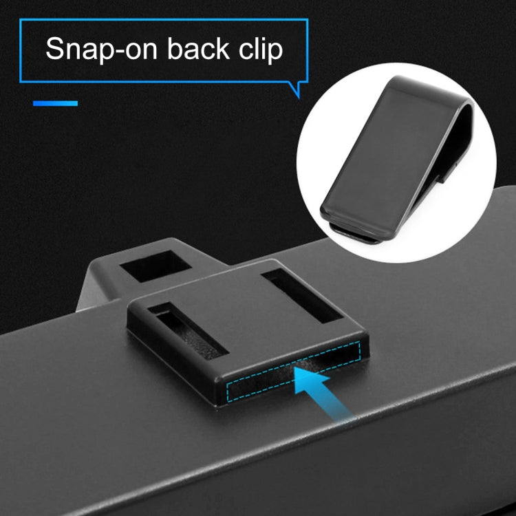 Black sunglasses case with snap-on back clip, close-up detail