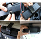 Black car sunglasses case clipped to dashboard, hands adjusting the lid