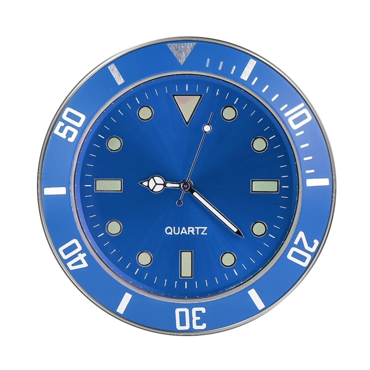 Blue quartz car watch with round dial, silver markers, and needle hands