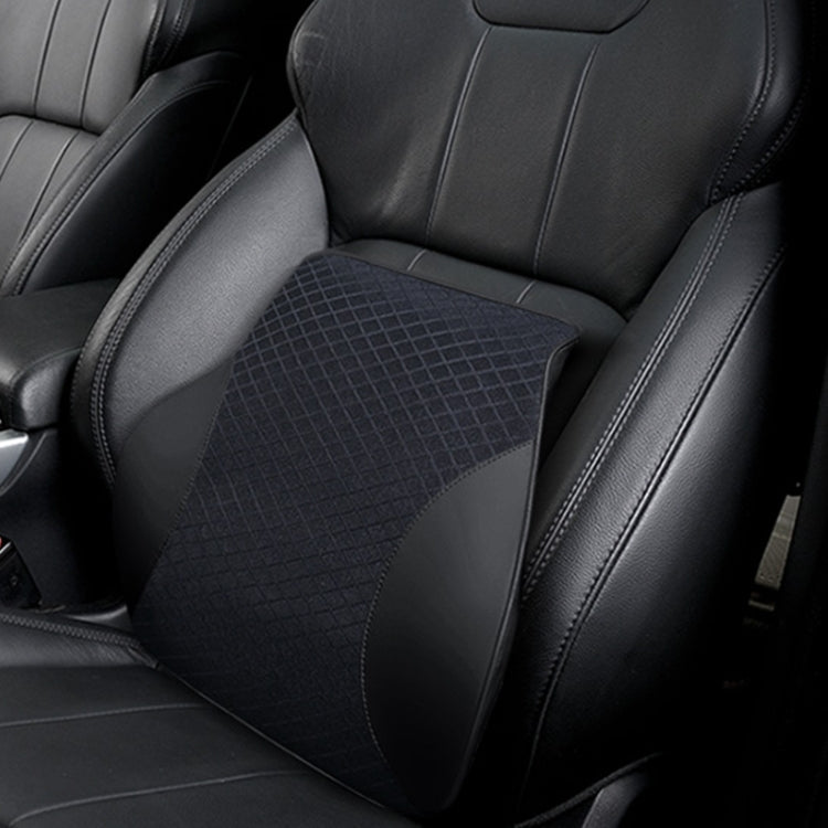 Black car lumbar support pillow with quilted grid fabric and curved shape