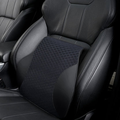 Black car lumbar support pillow with quilted grid fabric and curved shape