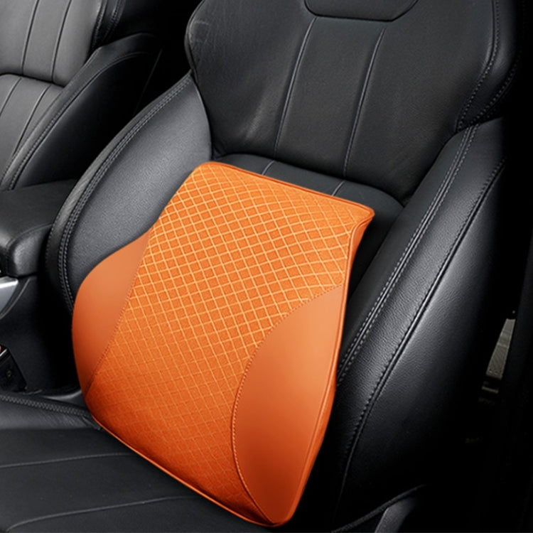 Car lumbar pillow in orange with textured grid and curved side support