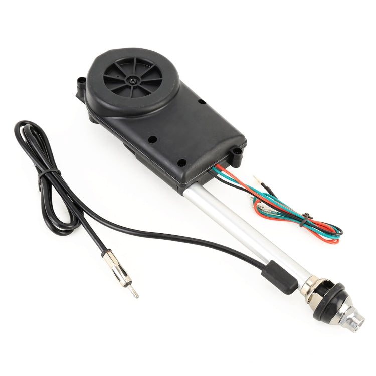 Car antenna motor module with coiled wiring harness and base, black and silver