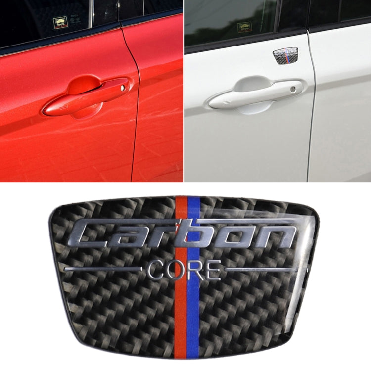 Carbon fiber-look B-pillar sticker with blue and red stripe accents on a car door