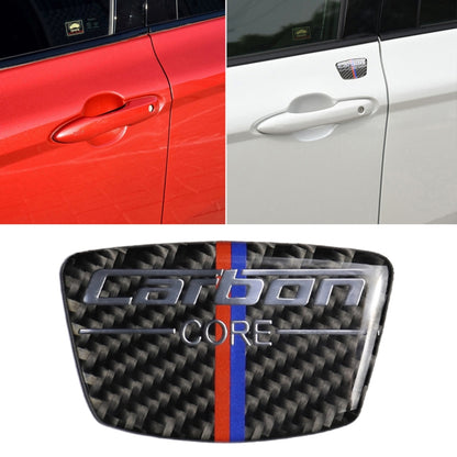 Carbon fiber-look B-pillar sticker with blue and red stripe accents on a car door