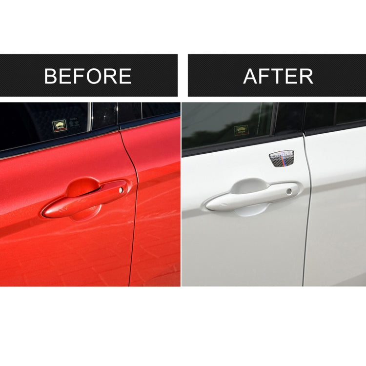 Side-by-side before and after view showing carbon fiber-look B-pillar sticker on car