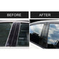 Car window B-pillar with carbon-fiber vertical trim strips installed, split view