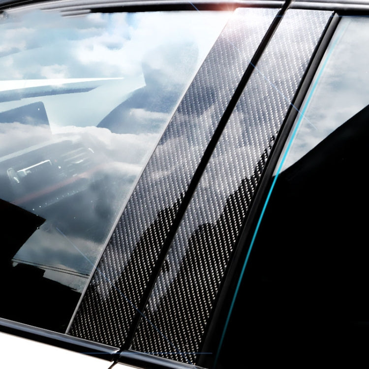 Carbon-fiber look B-pillar trim strips on car window frame