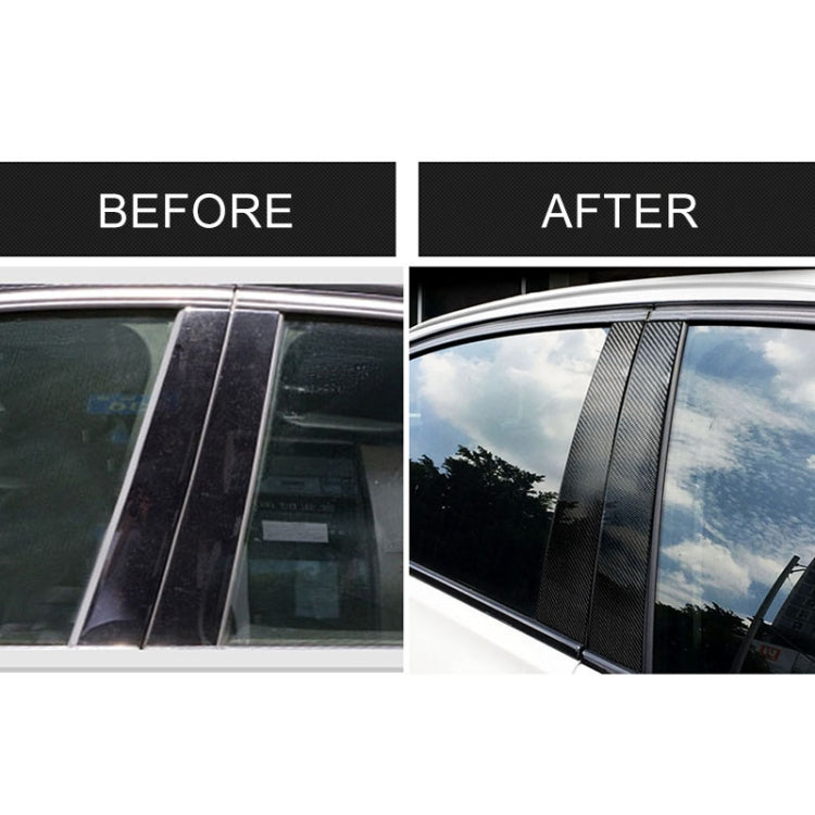 Before-and-after view of carbon-fiber B-pillar trim stickers on car