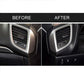 Car dashboard air vent before-and-after view featuring carbon fiber trim frames