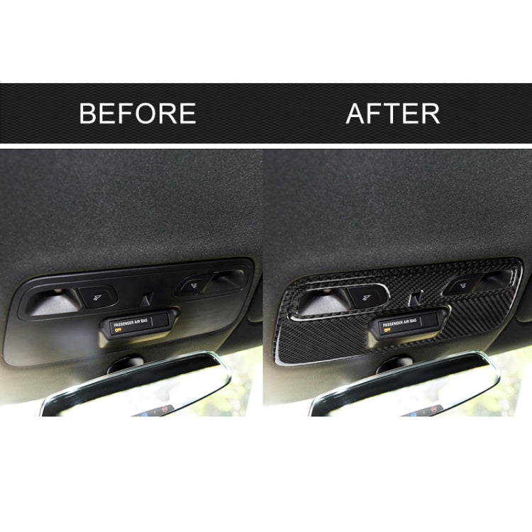 Car interior dome light panel area with black carbon-fiber sticker, before/after