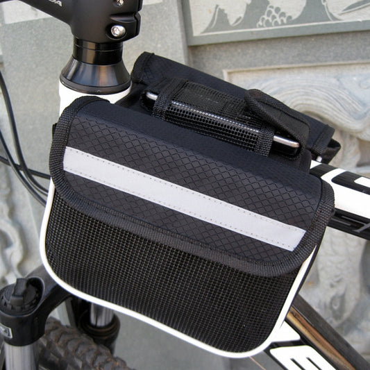 Black bicycle front phone bag with textured surface and white reflective stripe
