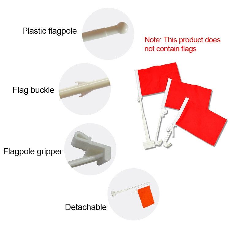 Car flagpole kit parts: plastic pole, buckle, and gripper clip