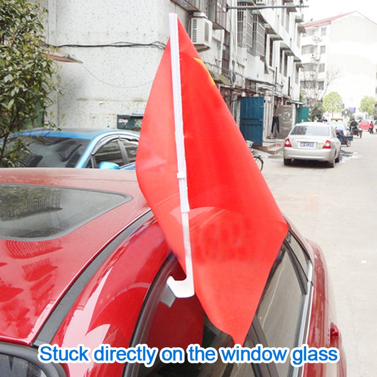 Clip-type car window flagpole with white pole and red flag attached